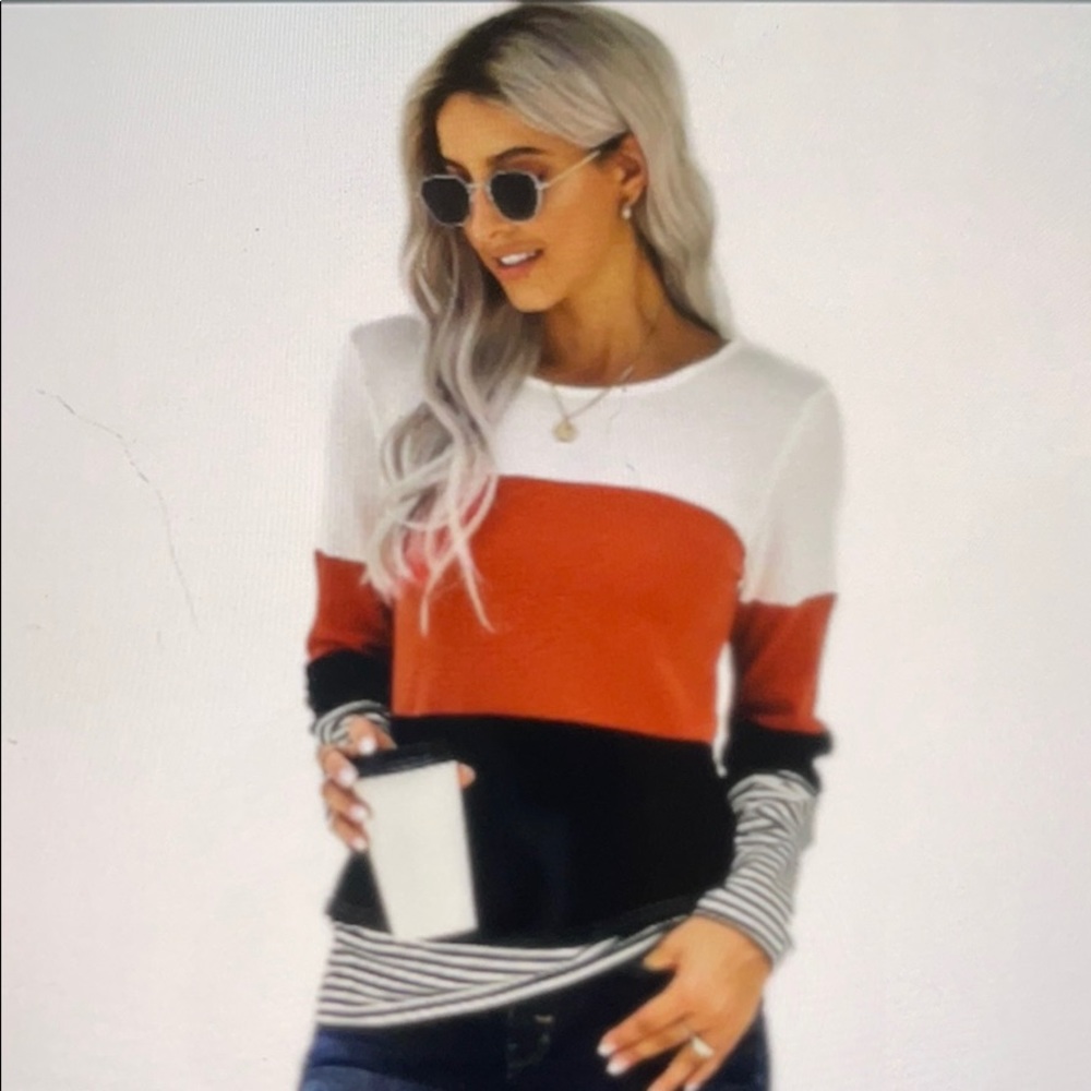 Stylish color block splicing striped red top - Picture 5 of 8